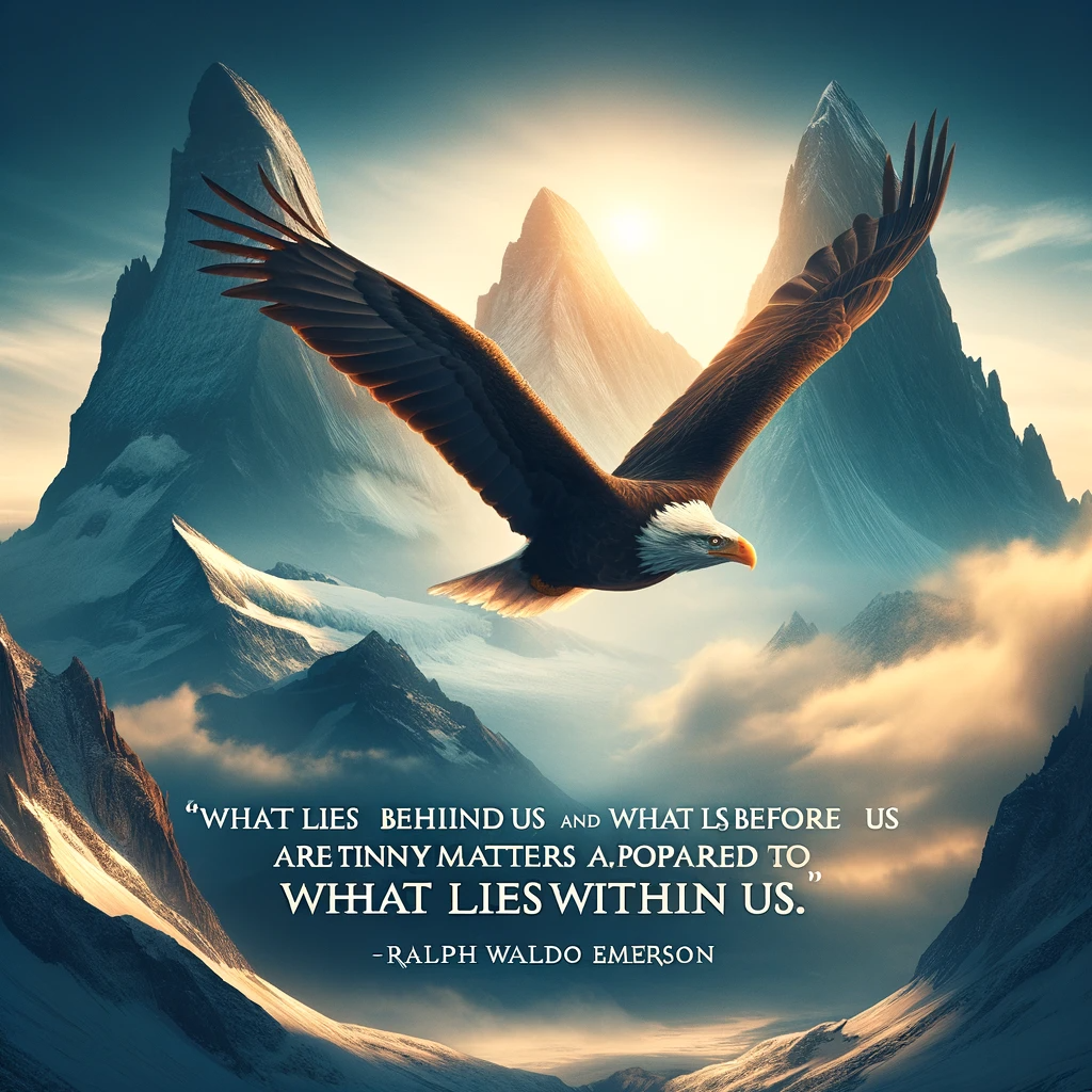 Majestic eagle soaring above snowy mountain peaks with Ralph Waldo Emerson's quote 'What lies behind us and what lies before us are tiny matters compared to what lies within us.'