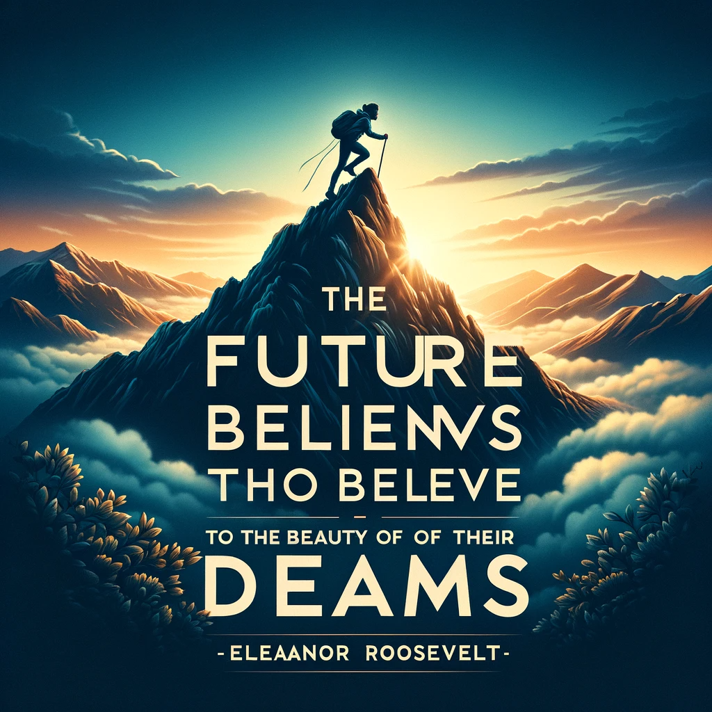 Climber reaching the summit at dawn with Eleanor Roosevelt's quote 'The future belongs to those who believe in the beauty of their dreams.'