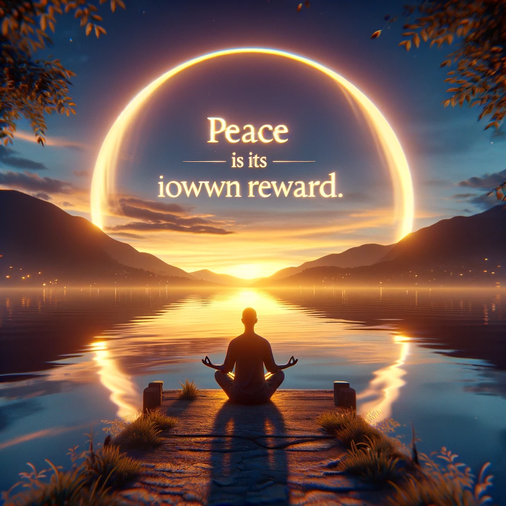 Person meditating by a lake at sunset with a celestial glow and the quote 'Peace is its own reward.'