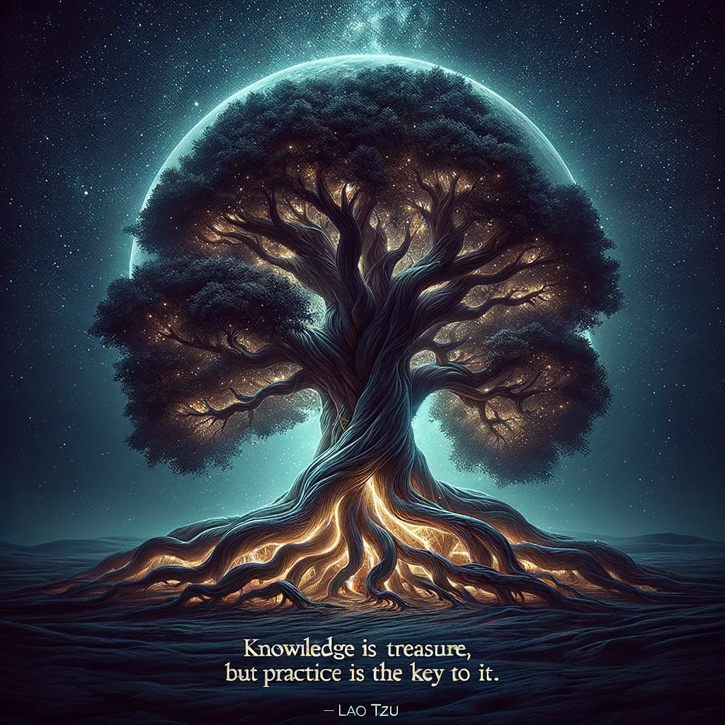 Ancient tree with cosmic background and Lao Tzu's quote 'Knowledge is treasure, but practice is the key to it.'