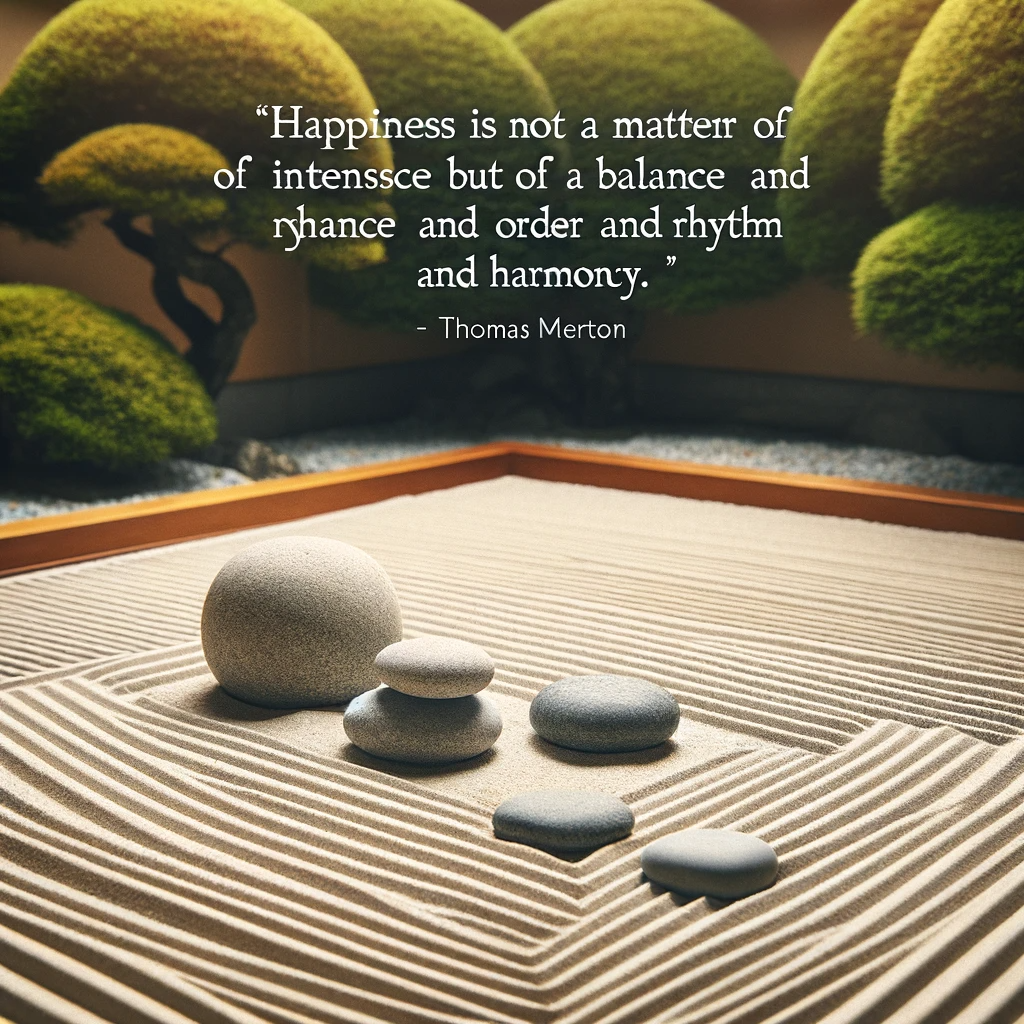 Zen garden with balanced stones representing tranquility and Thomas Merton's quote 'Happiness is not a matter of intensity but of balance and order and rhythm and harmony.'