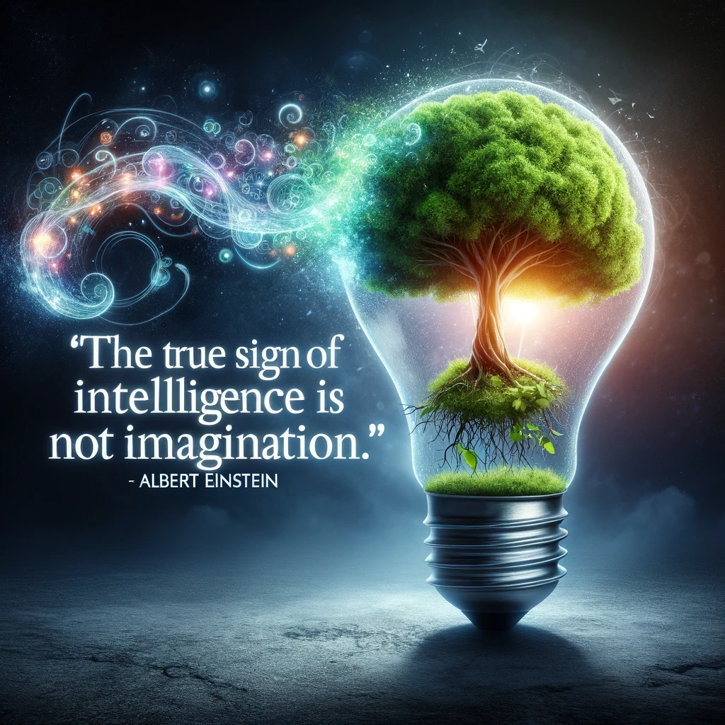 Light bulb with a vibrant tree growing inside and cosmic energy swirls, alongside Albert Einstein's quote 'The true sign of intelligence is not imagination.'