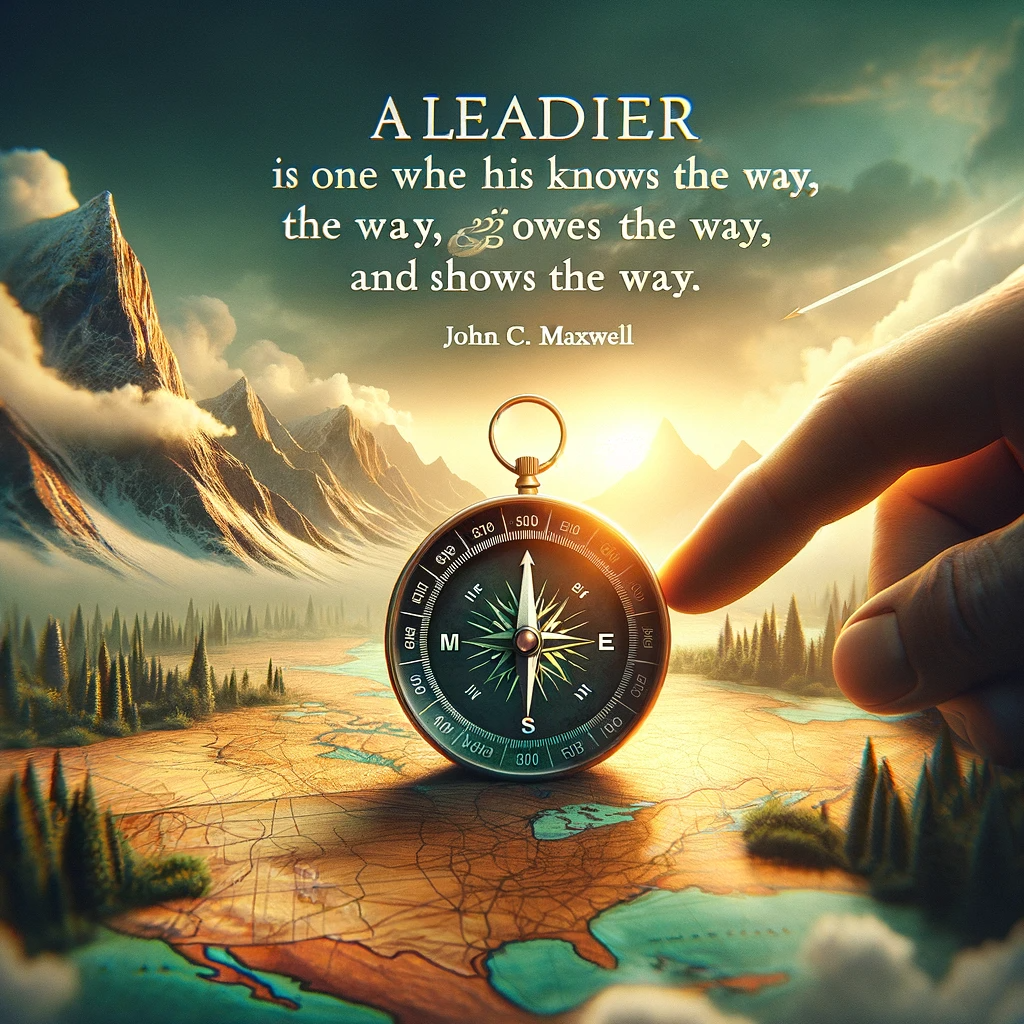 Hand holding a compass over a map with mountainous terrain in the background, next to John C. Maxwell's quote 'A leader is one who knows the way, goes the way, and shows the way.'