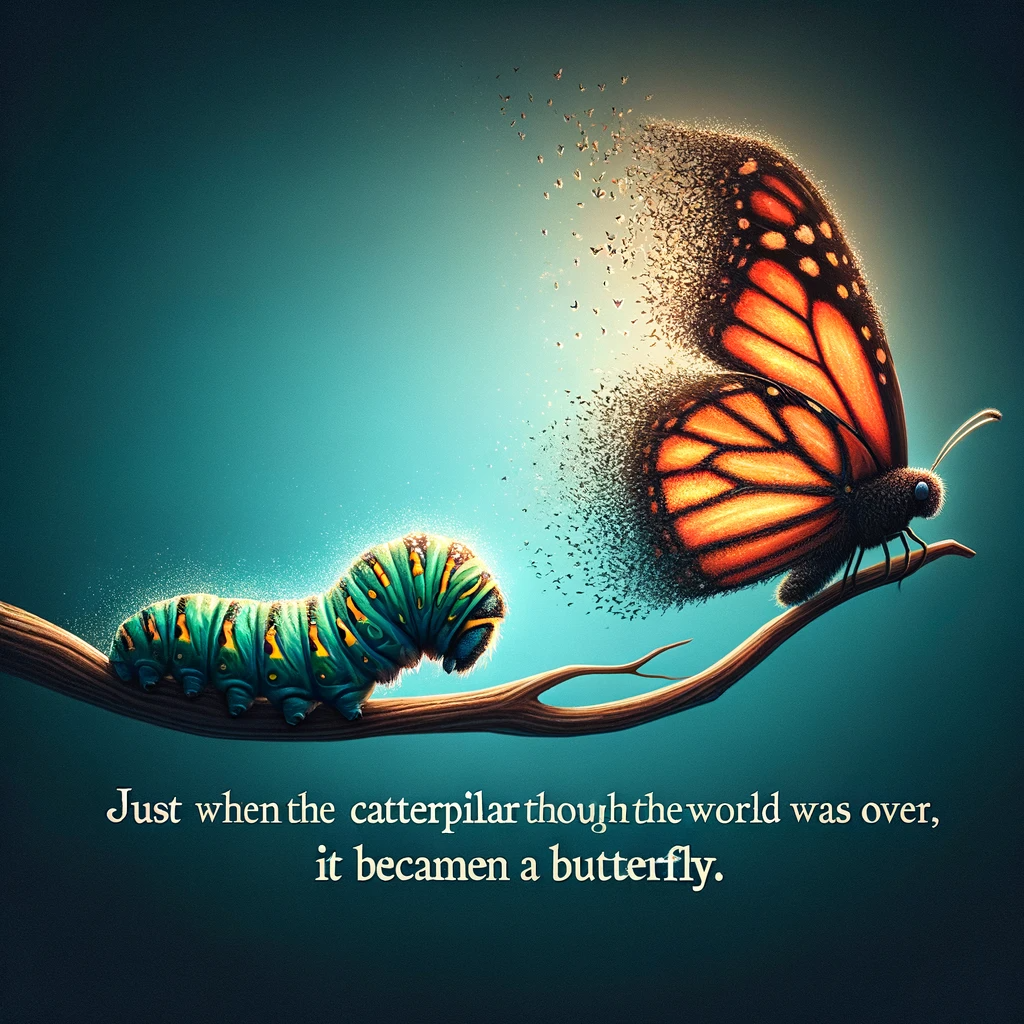 Caterpillar transforming into a butterfly, symbolizing change and growth, alongside a quote 'Just when the caterpillar thought the world was over, it became a butterfly.'