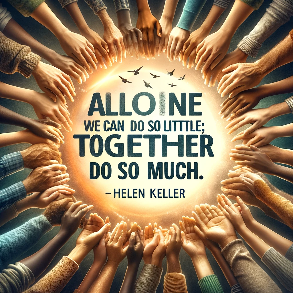 Many hands joined in a circle of unity with a bright light at the center, illustrating Helen Keller's quote 'Alone we can do so little; together we can do so much.'