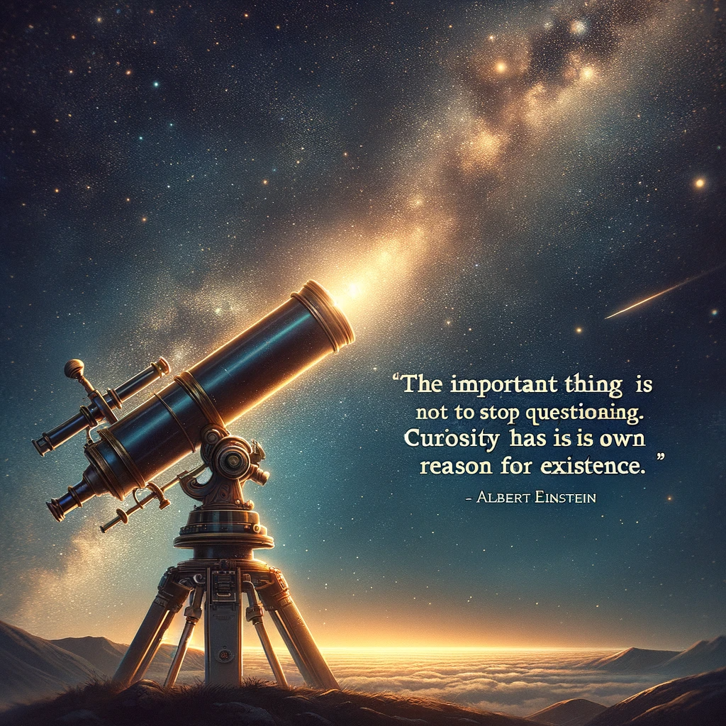 Telescope pointing towards a starry sky, evoking Albert Einstein's quote 'The important thing is not to stop questioning. Curiosity has its own reason for existence.'