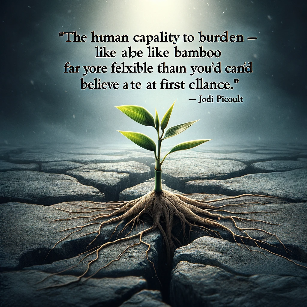 Young bamboo shoot sprouting through cracked ground, symbolizing resilience and Jodi Picoult's quote 'The human capacity to burden is like bamboo – far more flexible than you'd believe at first glance.'