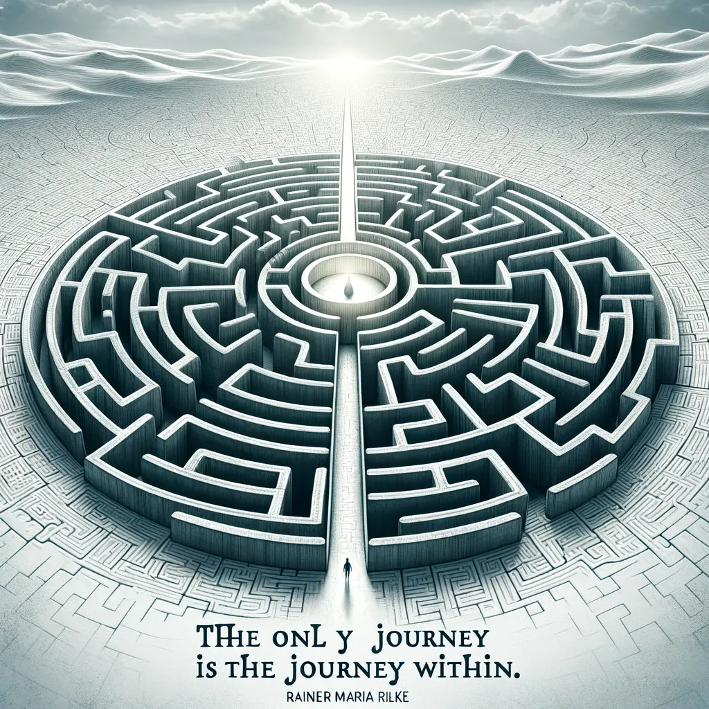 A person standing before a vast labyrinth under a shining sun, accompanied by Rainer Maria Rilke's quote 'The only journey is the journey within.'