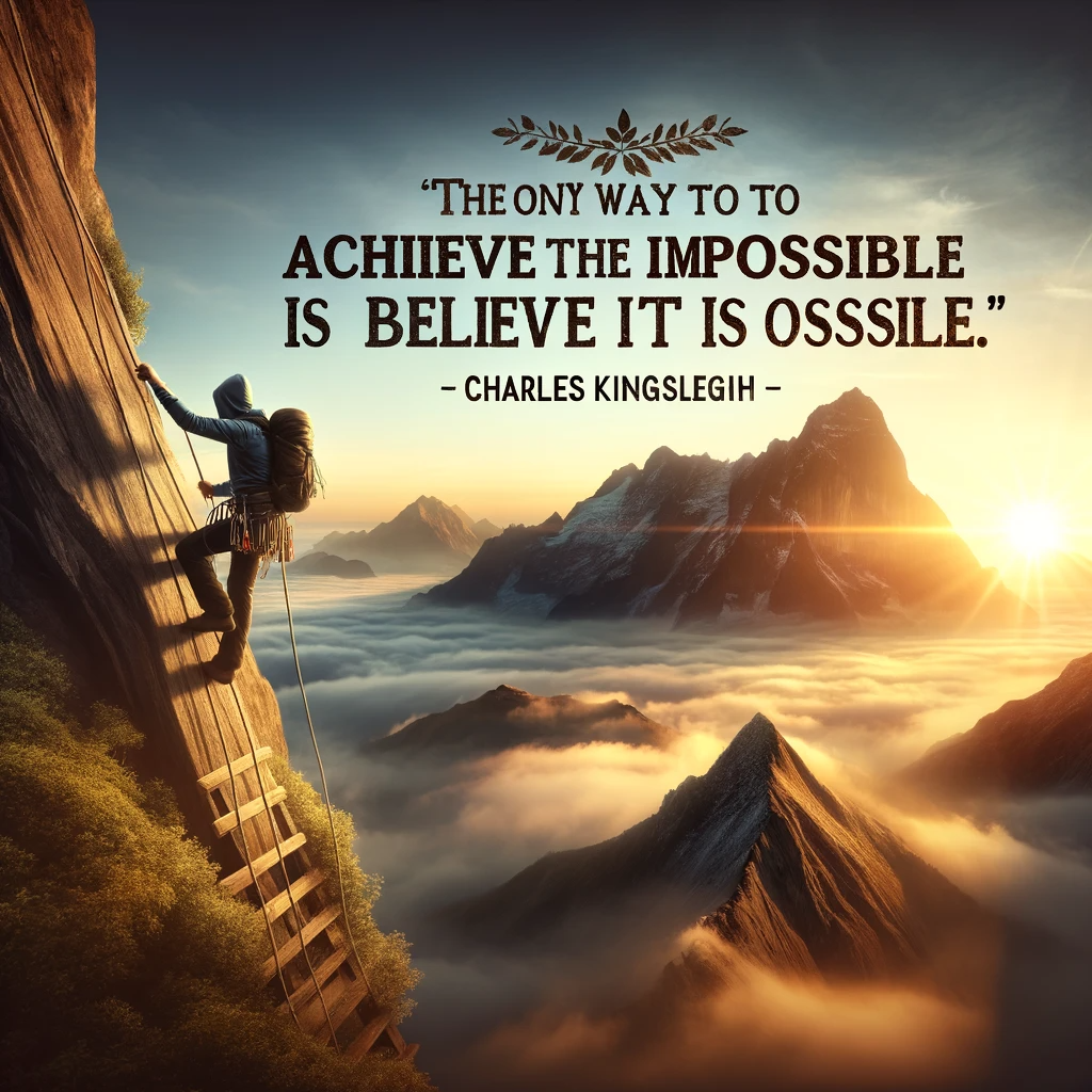 Climber ascending a steep cliff with a sunrise over mountains in the background and a quote by Charles Kingsleigh 'The only way to achieve the impossible is to believe it is possible.'