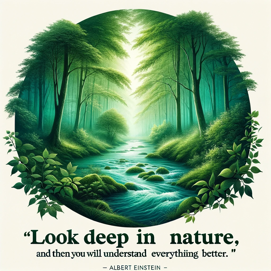 Serene forest scene with a flowing river viewed through an open book, alongside Albert Einstein's quote 'Look deep in nature, and then you will understand everything better.'