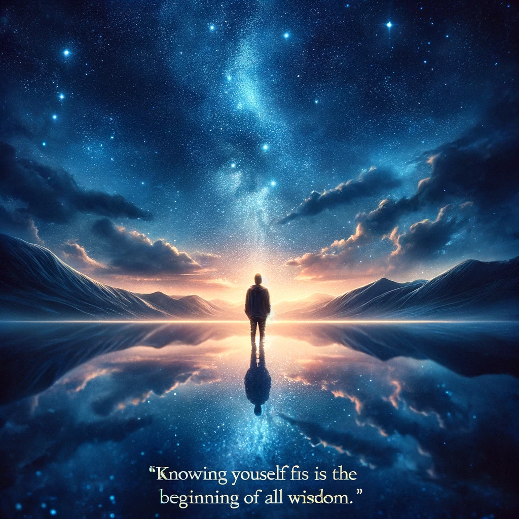 A solitary figure standing before a reflective body of water under the starry sky, contemplating a quote 'Knowing yourself is the beginning of all wisdom.'