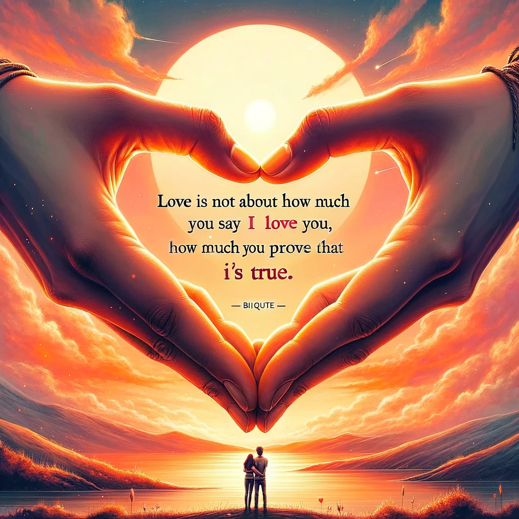 Two hands forming a heart shape with the sun setting in the center and a couple embracing below, paired with a quote on love's true expression.