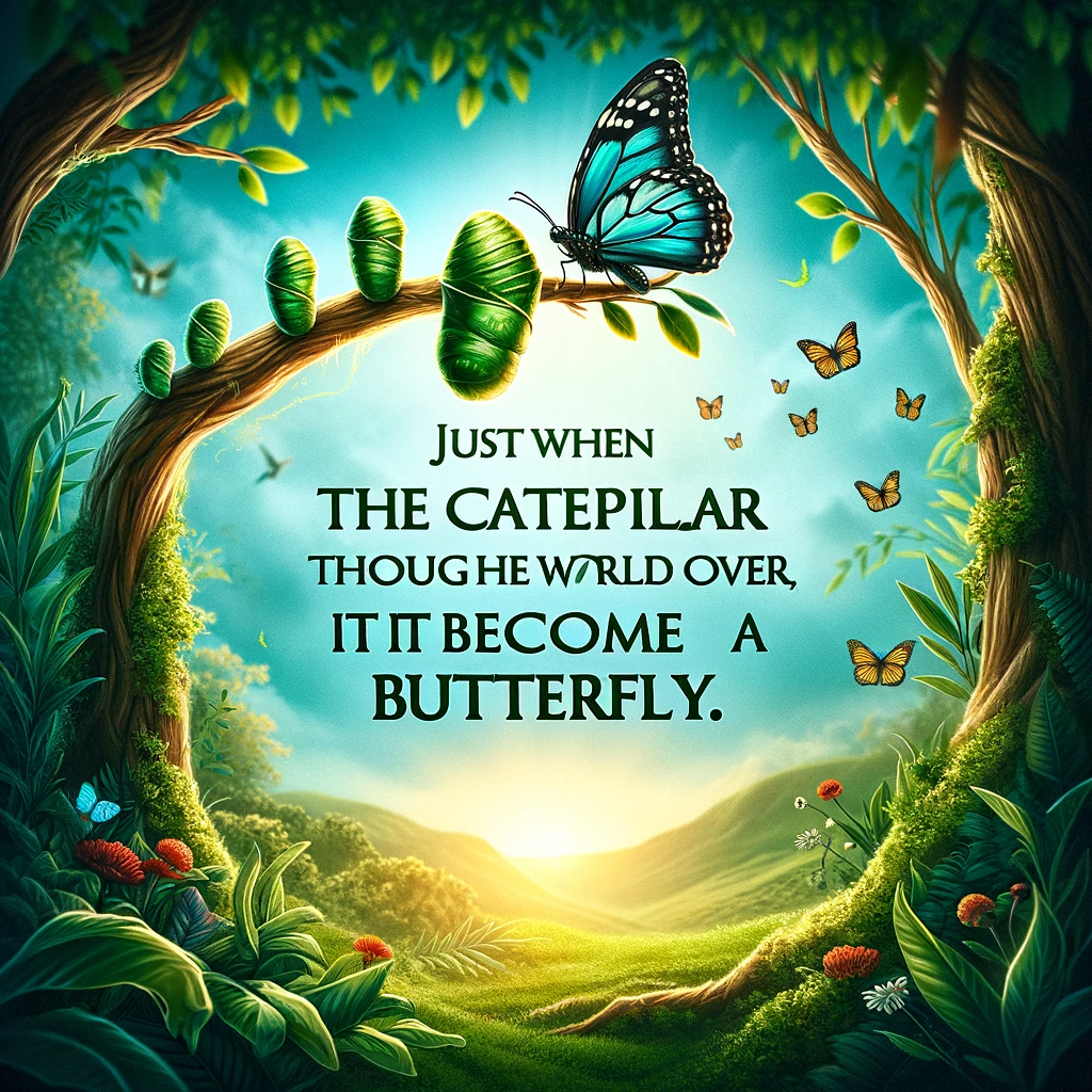 A butterfly emerging from a cocoon on a branch, with the quote 'Just when the caterpillar thought the world was over, it became a butterfly.'