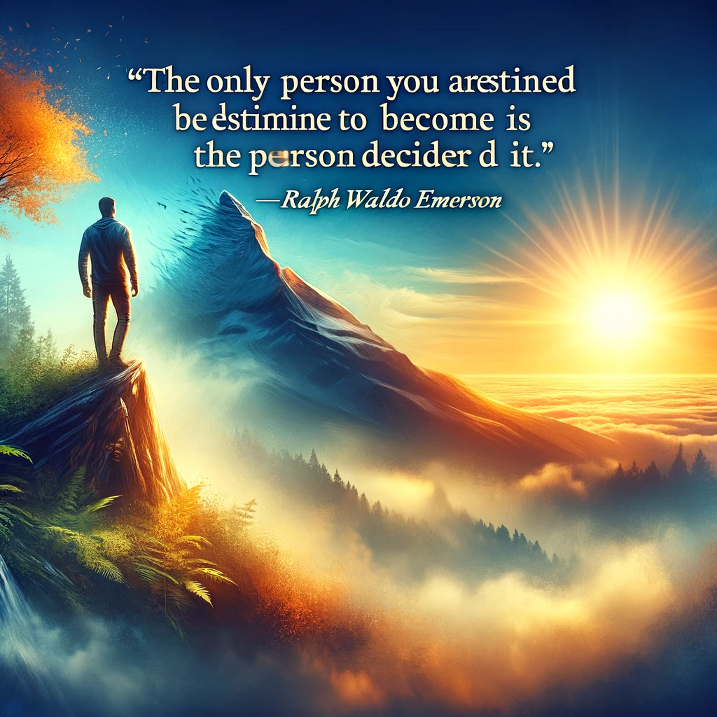 A man standing on a mountain peak at sunrise, with the Ralph Waldo Emerson quote 'The only person you are destined to become is the person you decide to be.'