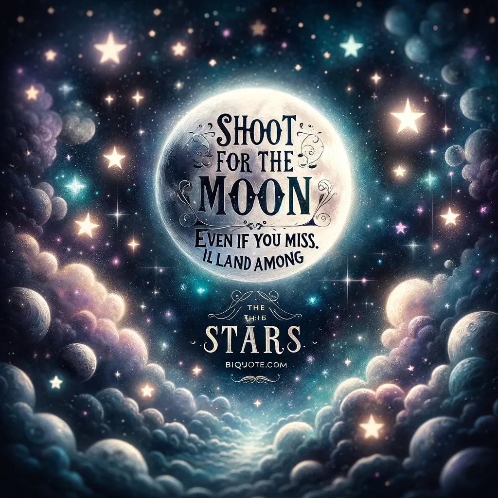 Cosmic scene with 'Shoot for the moon. Even if you miss, you'll land among the stars' quote, encouraging ambition and aim, from bi-quote.com.