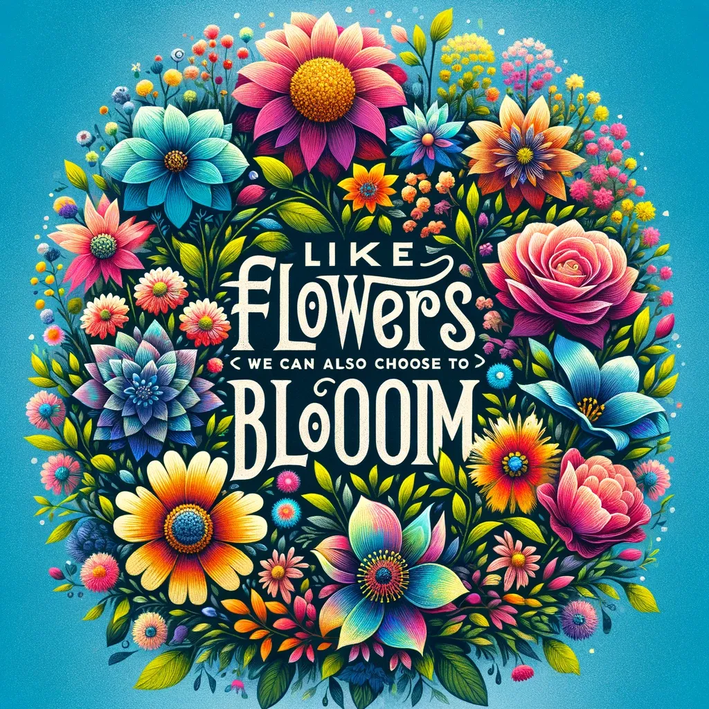 Vibrant bouquet of illustrated flowers with a quote about personal growth and blooming, from bi-quote.com.