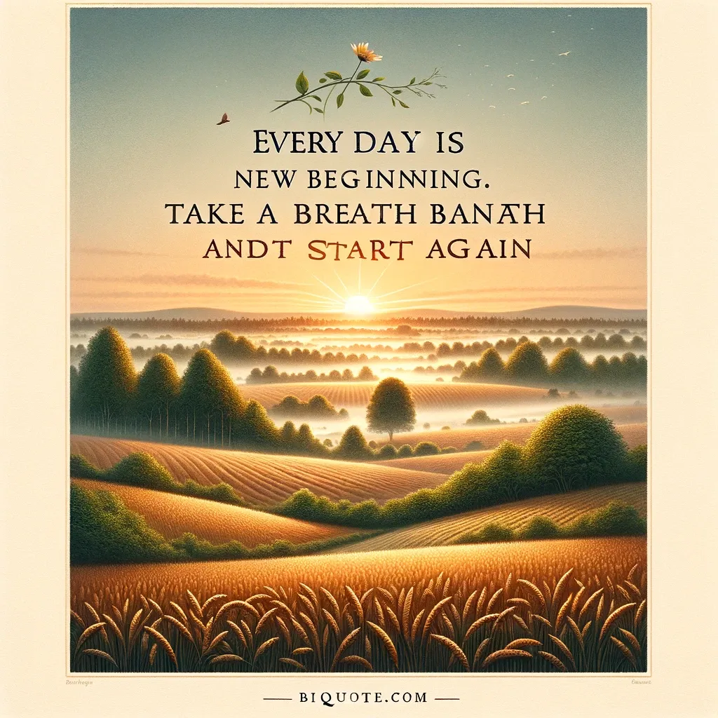 Sunrise over a misty farmland with a quote about new beginnings and starting afresh, from bi-quote.com.