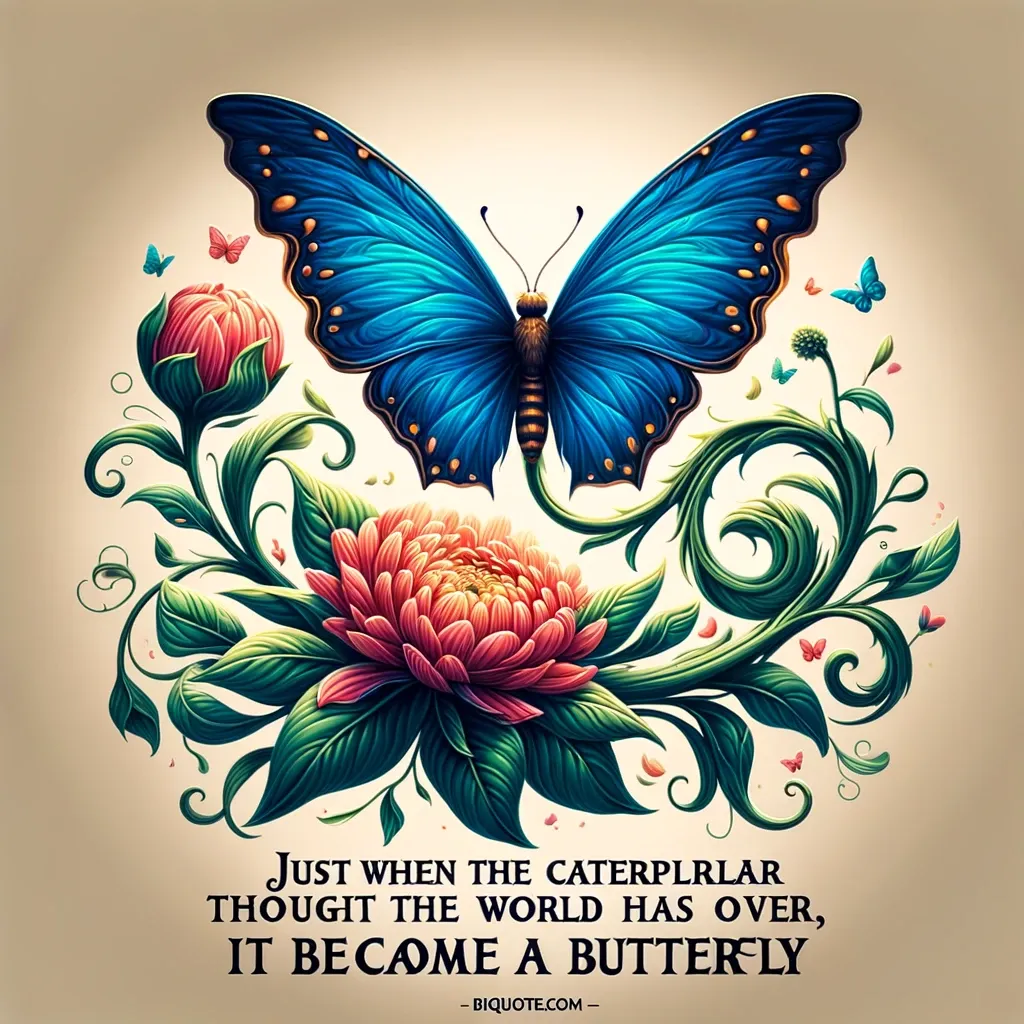 A majestic butterfly atop a vibrant flower with a quote about transformation and new beginnings, from bi-quote.com.