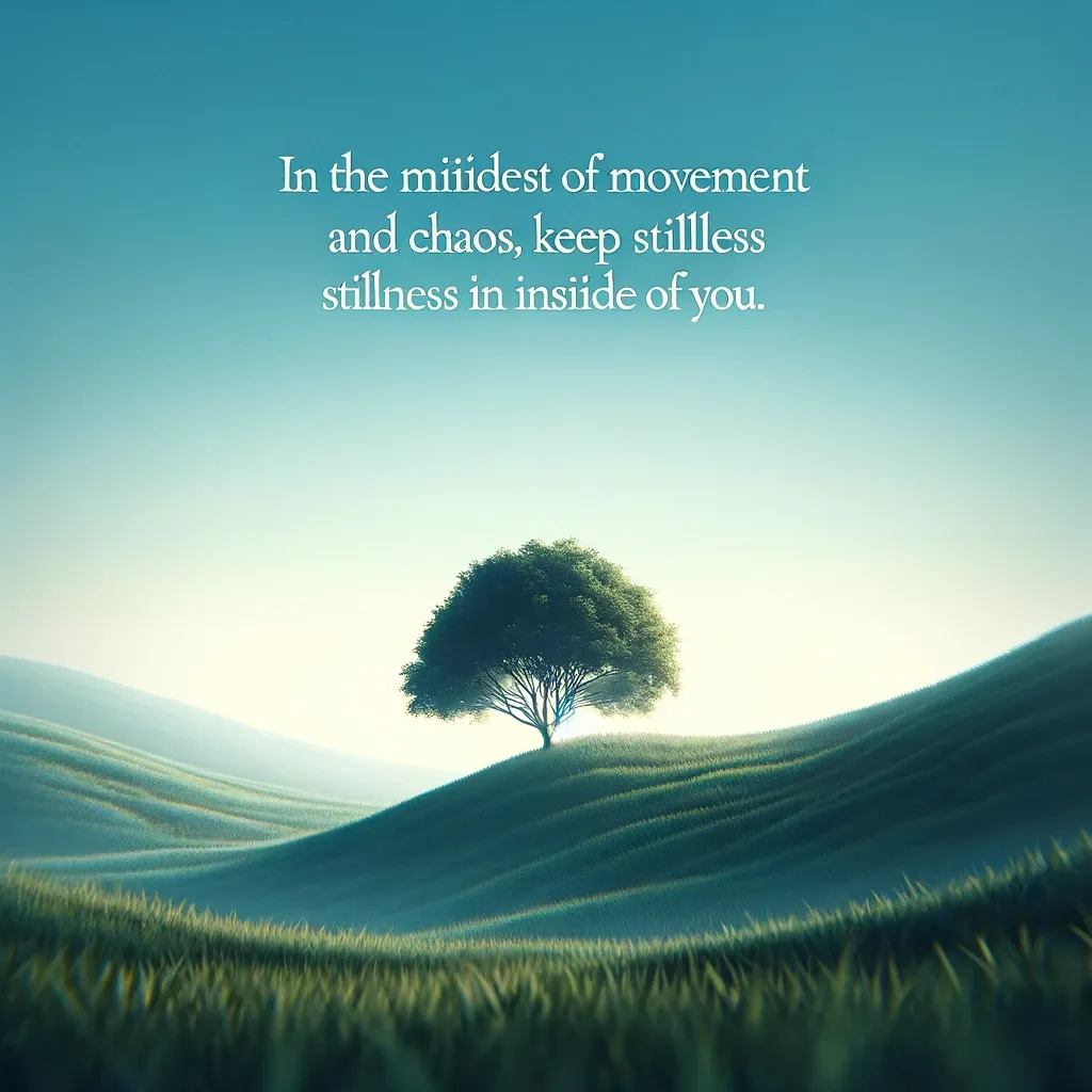 Solitary tree on a calm hill with the quote about finding inner peace amid chaos, from bi-quote.com.