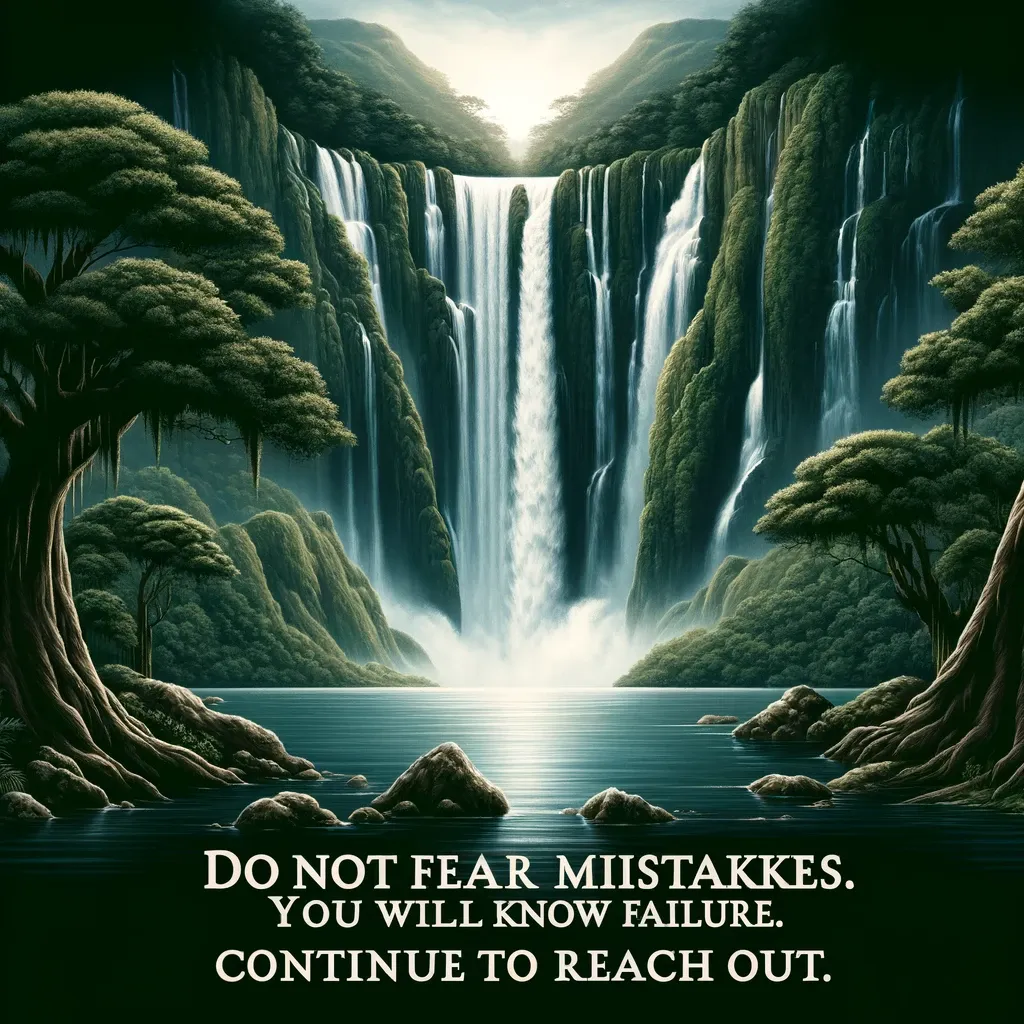 Majestic waterfalls in a lush green landscape with an empowering quote about overcoming fear of failure, from bi-quote.com.