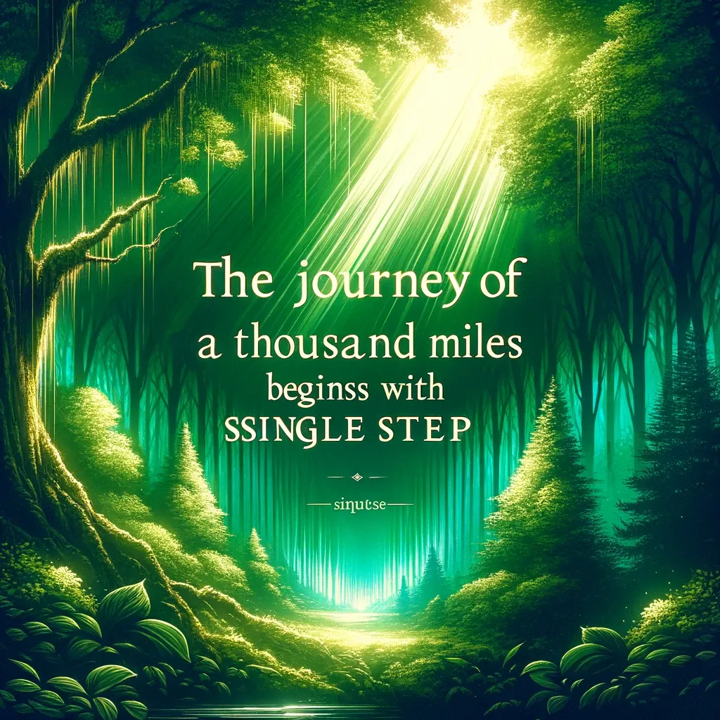 Enchanting forest scene with light rays and the motivational quote about beginning journeys, from sinquse.com.