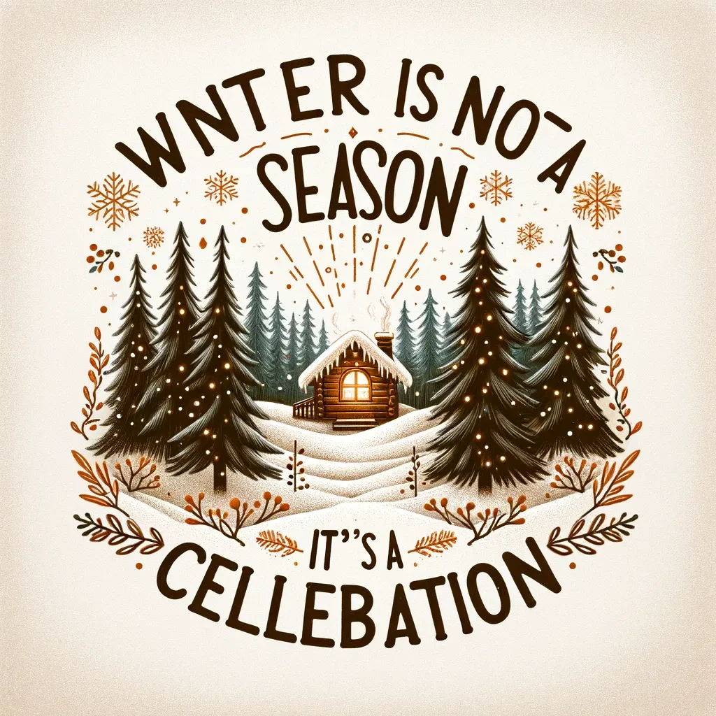 Cozy winter cabin in a snowy forest with the quote 'Winter is not a season, it's a celebration' from bi-quote.com.