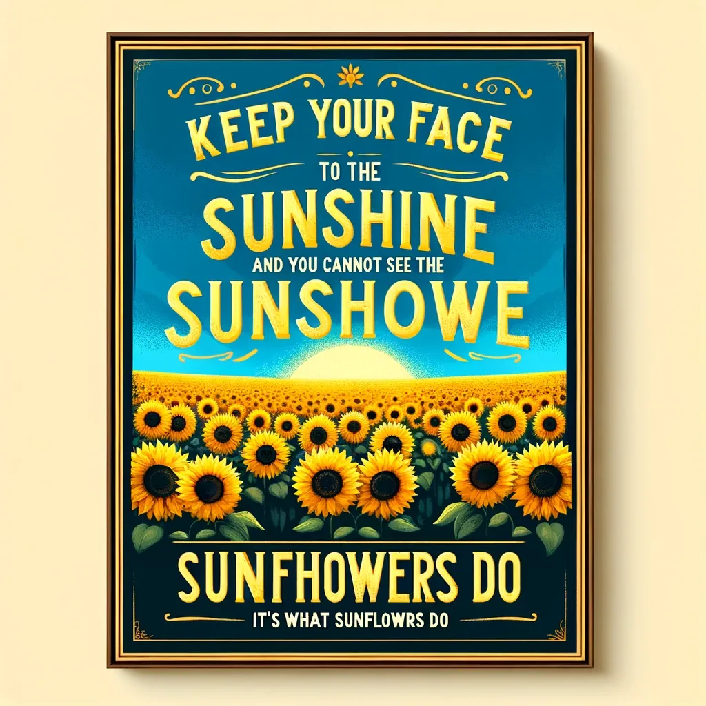Field of sunflowers with a quote about optimism and looking towards the light, from bi-quote.com.