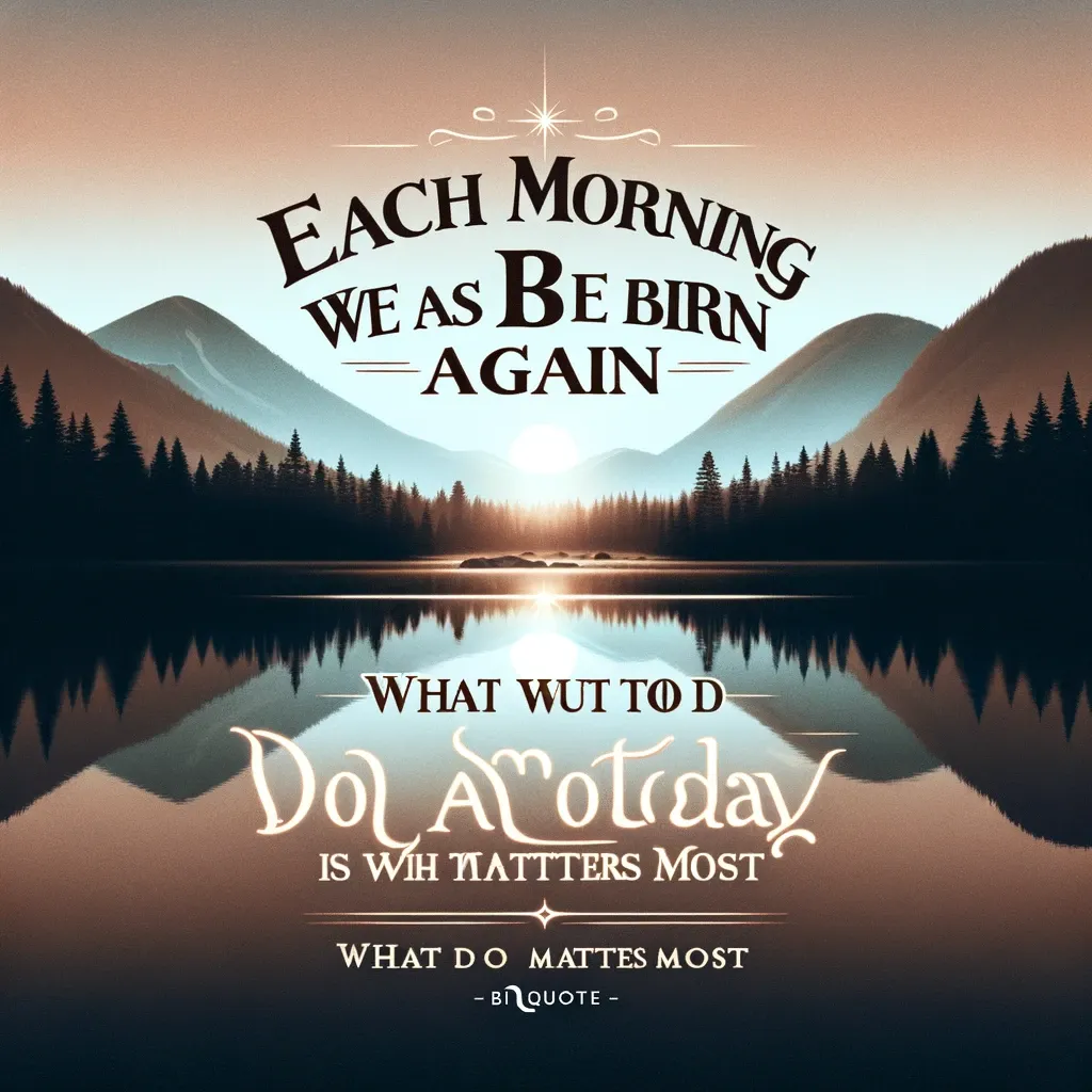 Dawn over a reflective lake with mountains, accompanying a quote about renewal and the importance of daily actions, from bi-quote.com.