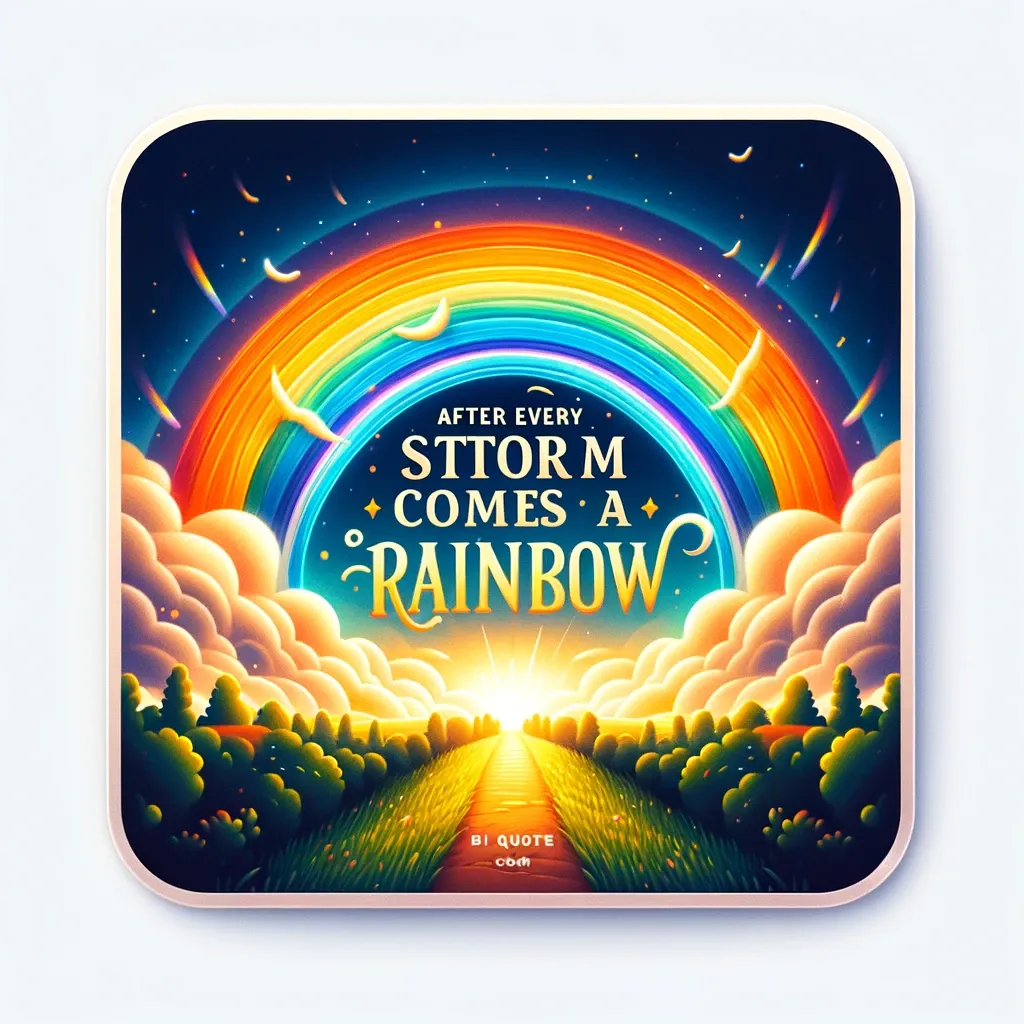 A vibrant rainbow arching over a sunlit path through the clouds, symbolizing hope after difficulty, from bi-quote.com.