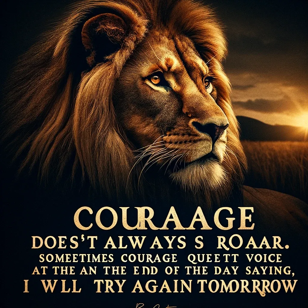 Majestic lion in the sunset embodying the quote about courage and perseverance, from bi-quote.com.
