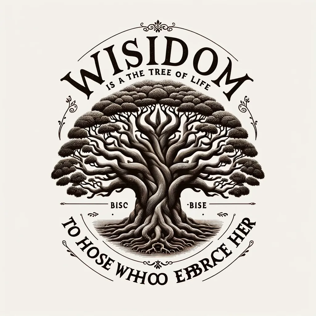 Illustration of a robust tree symbolizing the quote 'Wisdom is the tree of life' from bi-quote.com.