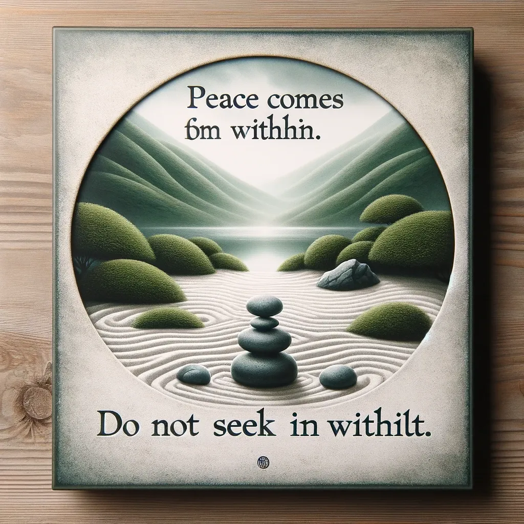 Zen stones in a tranquil garden with a quote about finding inner peace, from bi-quote.com.