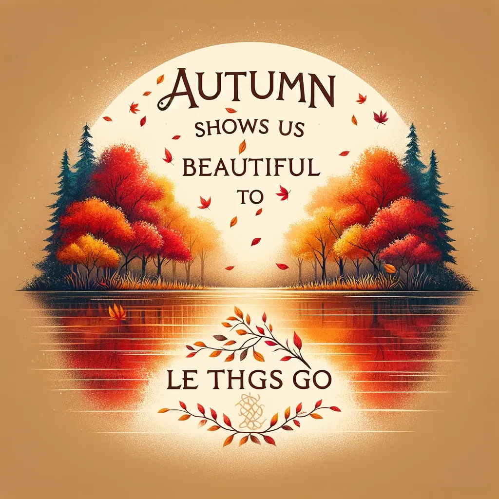 Reflective lake with autumn trees and a quote about the beauty of letting go, from bi-quote.com.