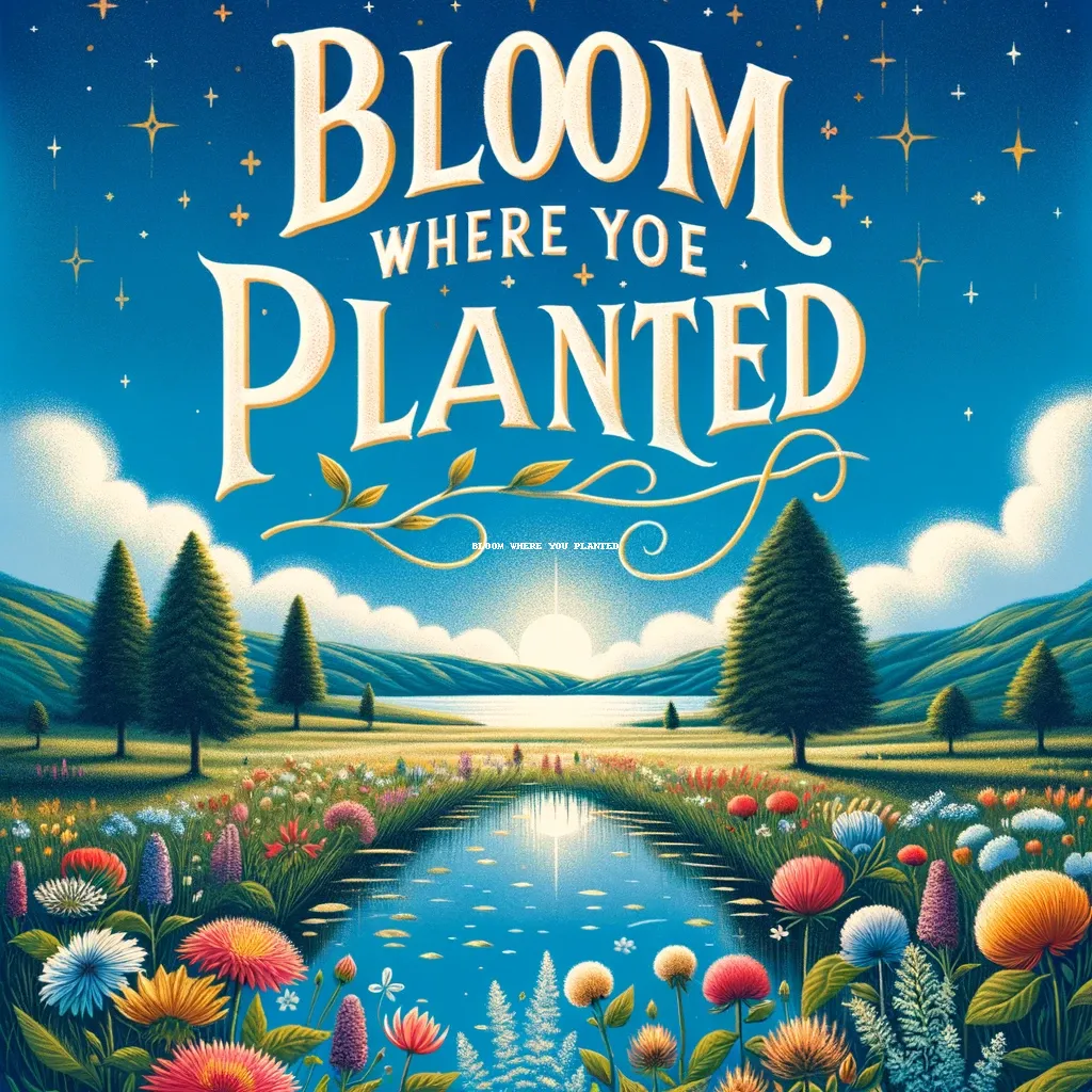 Lush floral scene by a river at dusk with the motivational quote 'Bloom where you are planted' from bi-quote.com.
