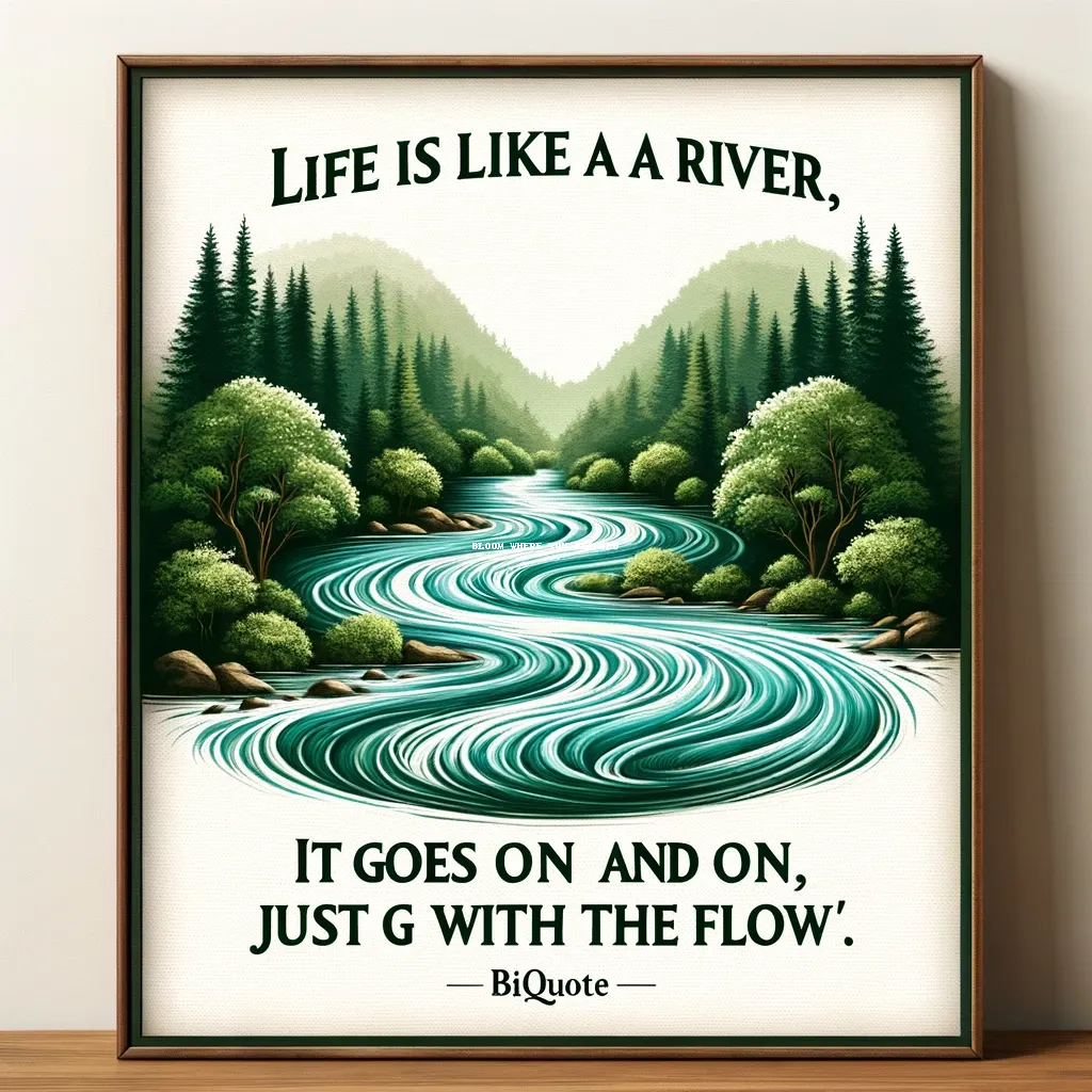 Meandering river through a forested landscape with a quote comparing life to a river's flow, from bi-quote.com.
