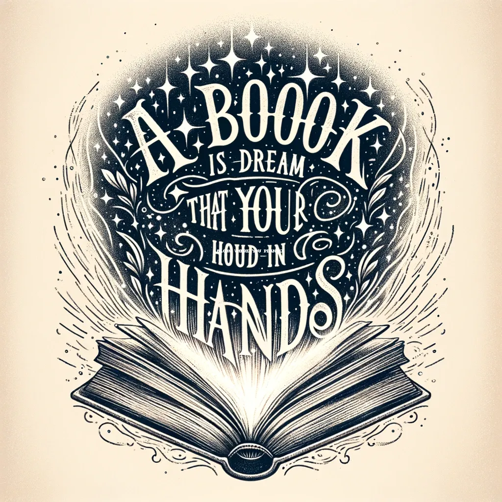 An open book with magical swirls and the quote about books being dreams held in one's hands, from bi-quote.com.