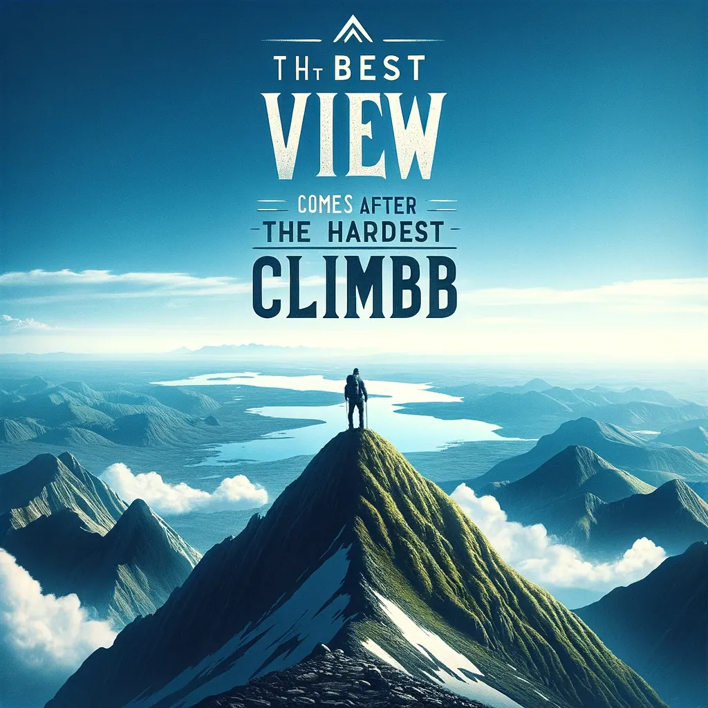 Hiker on the summit overlooking a mountainous landscape with the quote 'The best view comes after the hardest climb' from bi-quote.com.