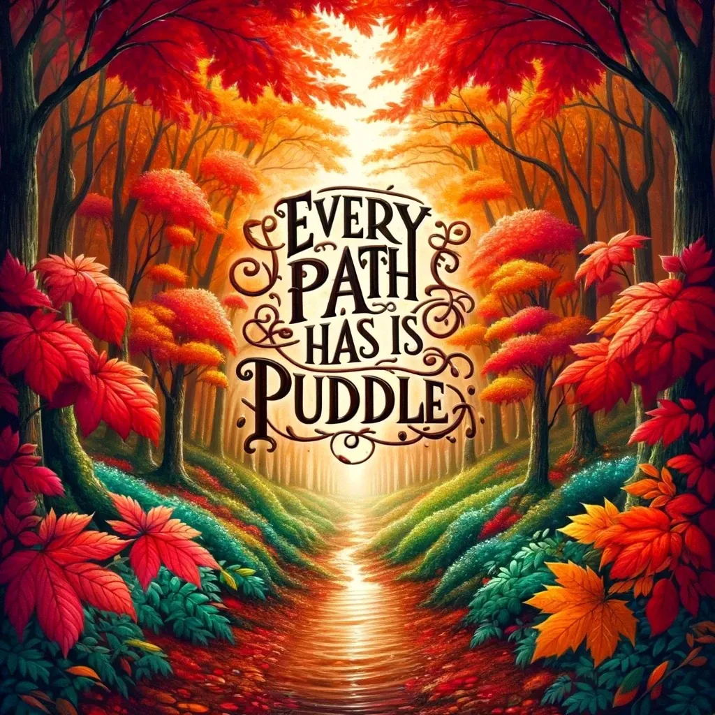 Autumnal forest path with the quote 'Every path has its puddle' from bi-quote.com.