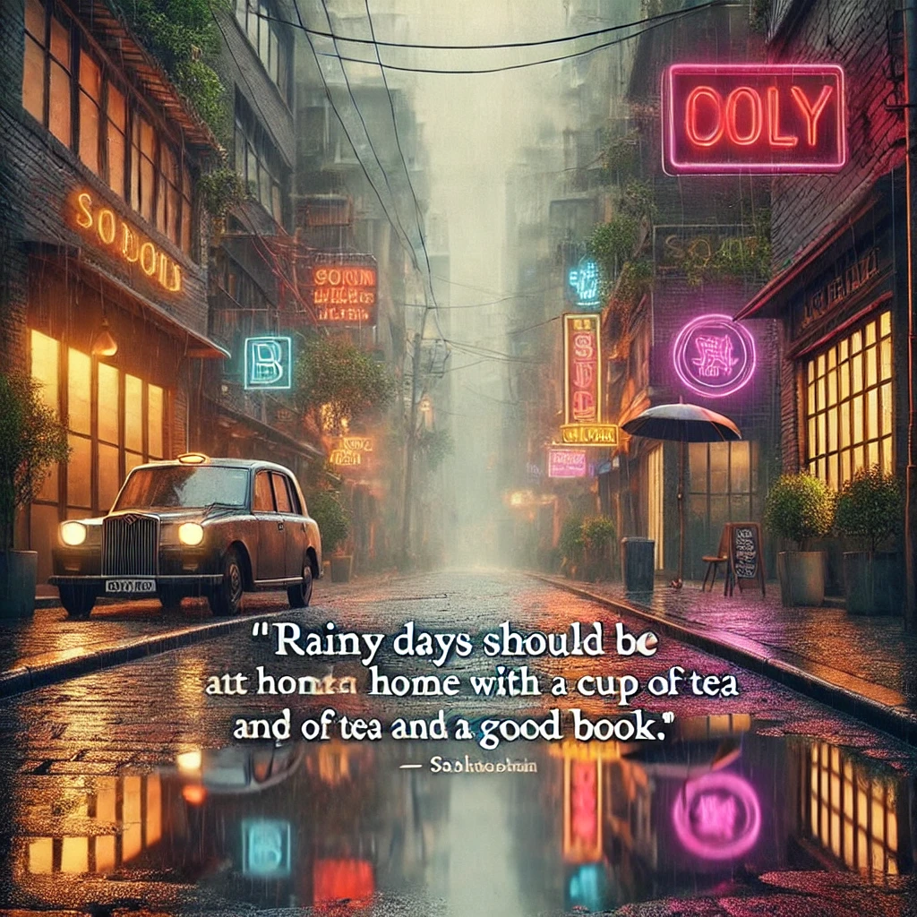 A quiet street with puddles reflecting neon signs in the rain.