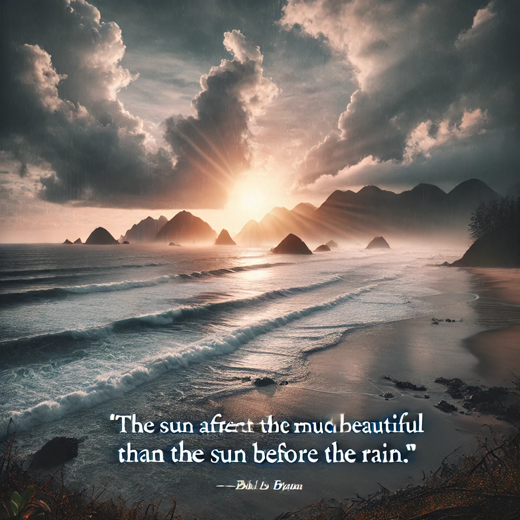 A scenic view of a rainy day at the beach with waves crashing.