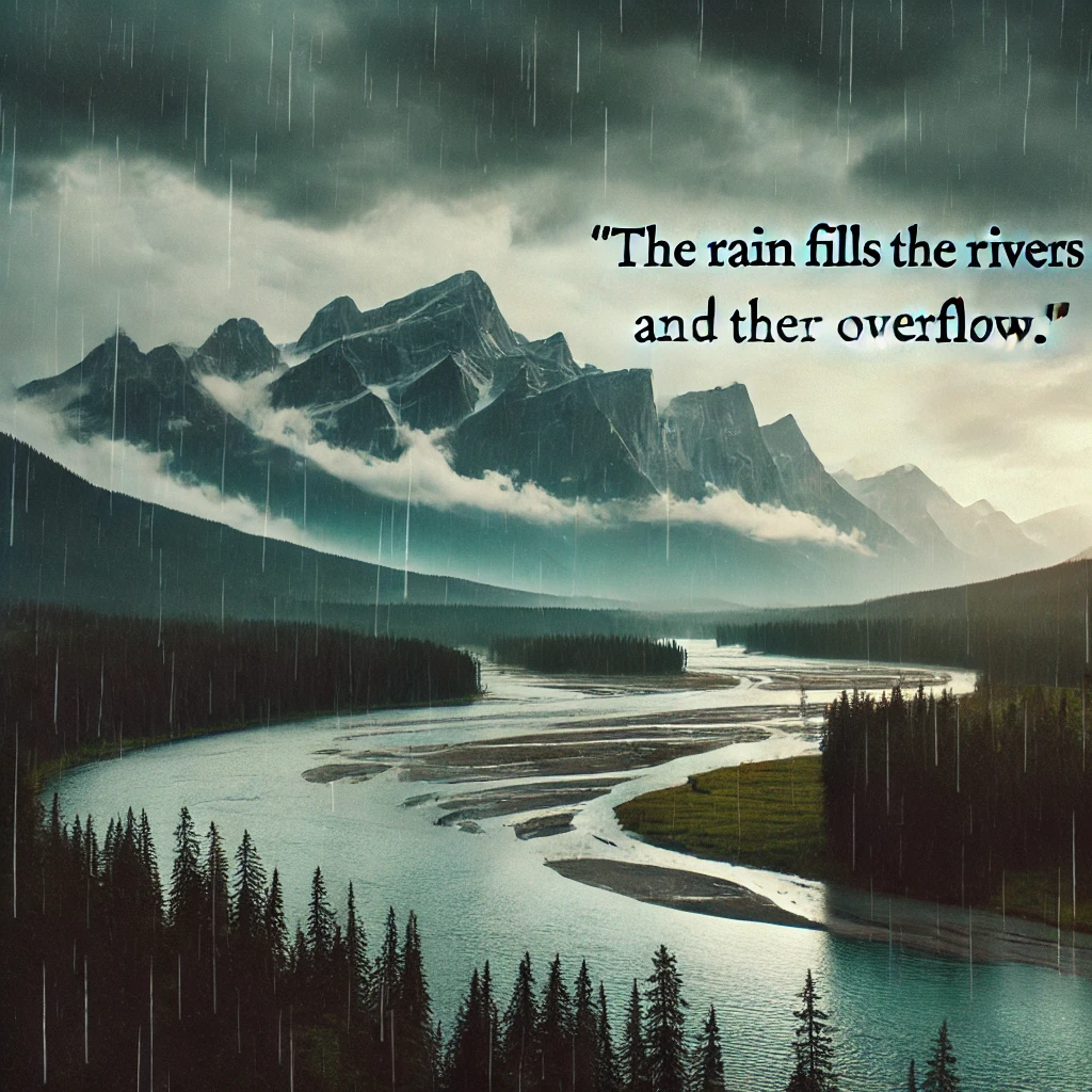 A scenic view of rain falling on a river with mountains in the background.