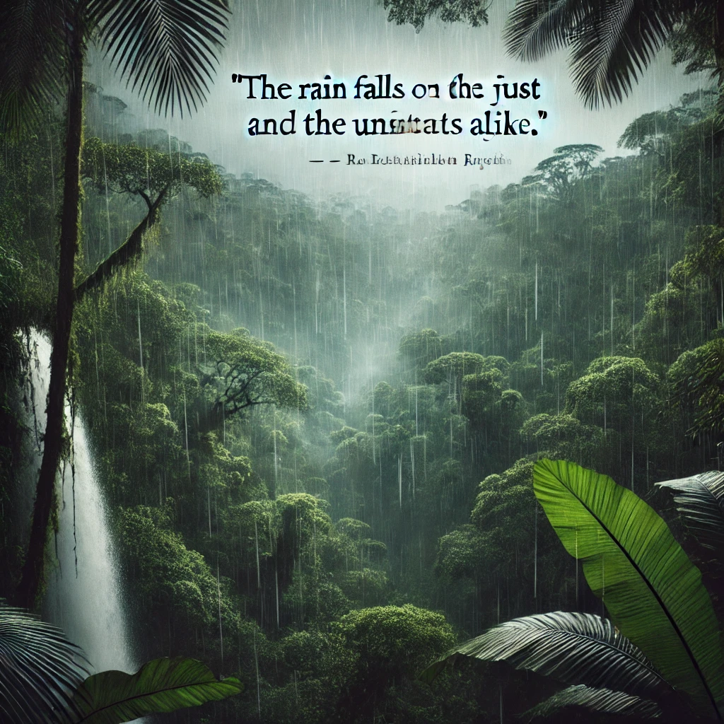 A lush rainforest with rain falling softly.