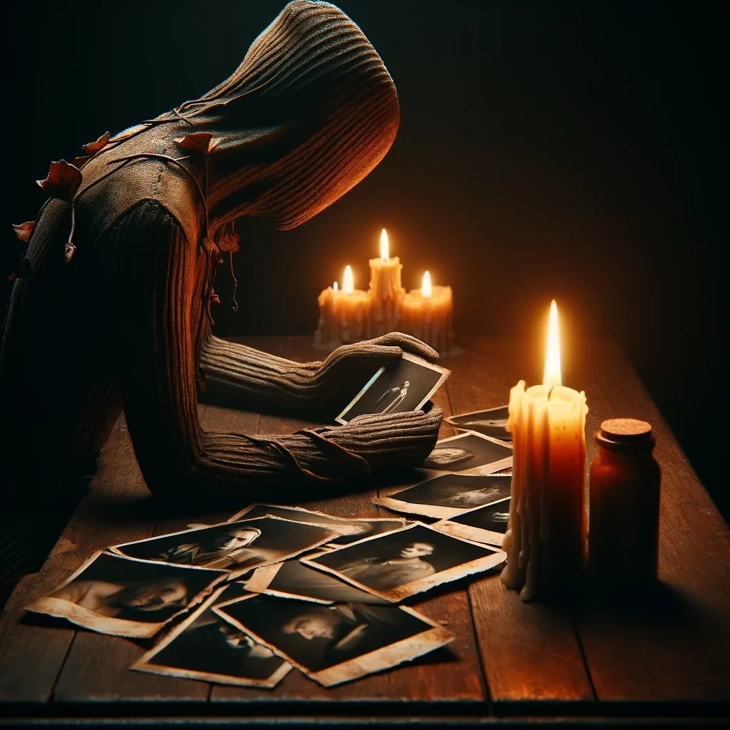 A poignant scene of a figure made from pages of a book, bowed in reflection amidst scattered photographs and candlelight, evoking a sense of nostalgia and memory.