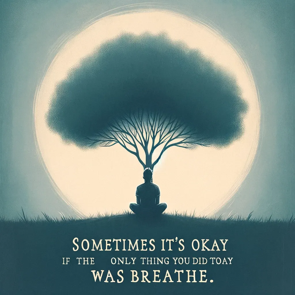 A meditative figure sits under a tree whose canopy blends into a cloud, with a calming quote reminding us that sometimes, simply breathing is enough.