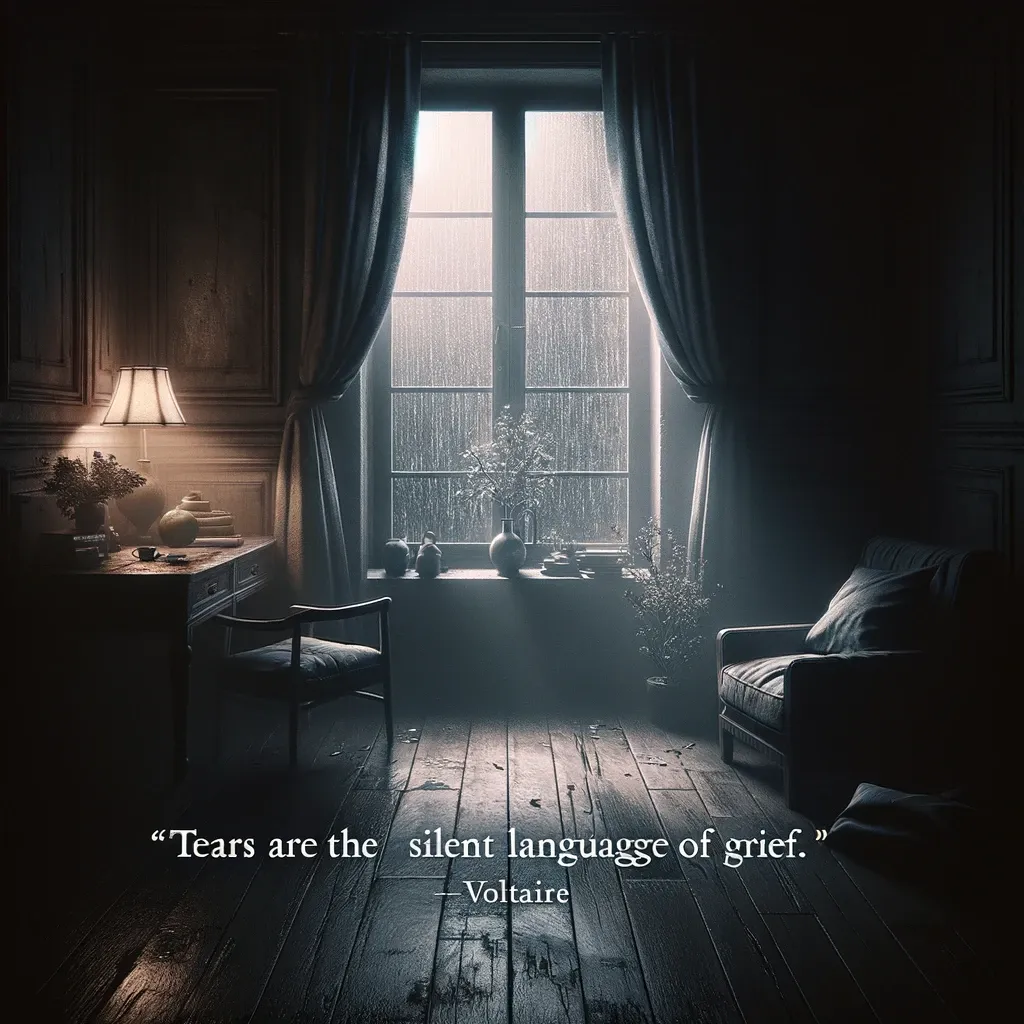 A rain-streaked window in a dimly lit room with a contemplative ambiance, highlighting the poignant quote by Voltaire on tears being the silent language of grief.