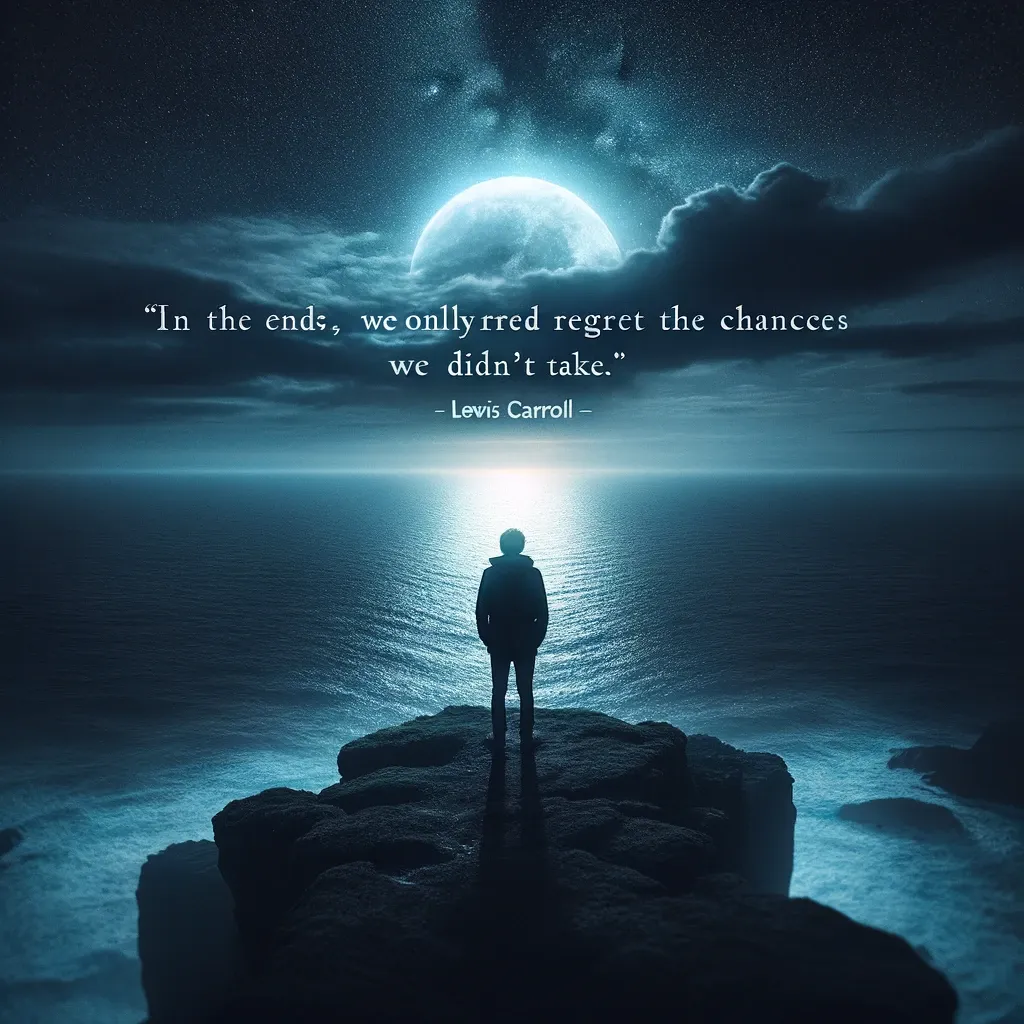 A lone figure stands on a cliff overlooking the sea under a moonlit sky, reflecting on a Lewis Carroll quote about the regrets of untaken chances.