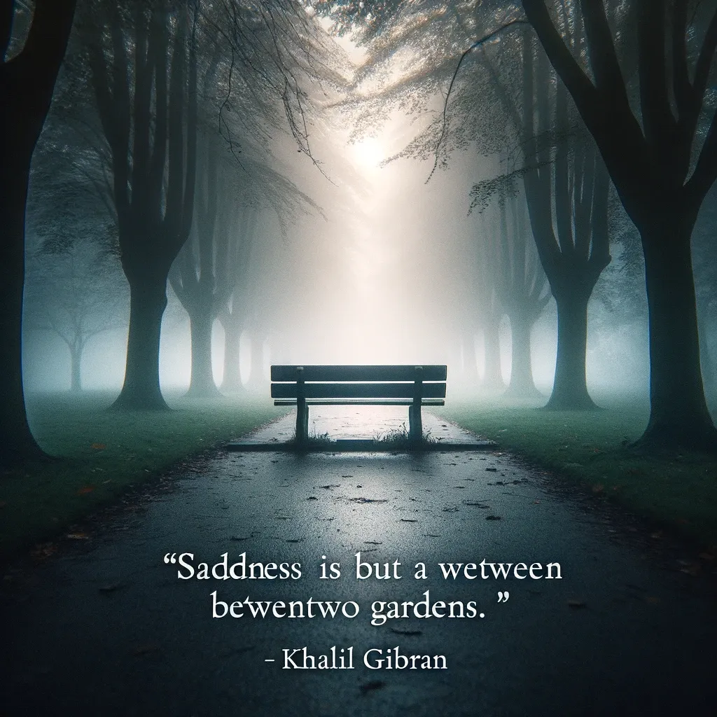 An empty bench on a misty pathway flanked by trees, capturing the essence of Khalil Gibran's quote on sadness being a transition between joys.