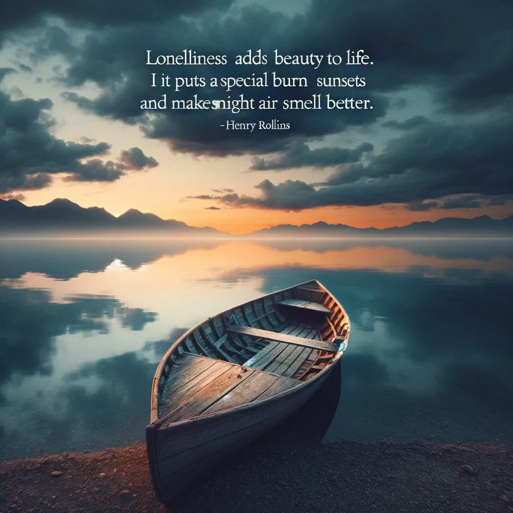 A solitary wooden boat rests on the calm waters at sunset with mountains in the distance, evoking Henry Rollins' sentiment on the poignant beauty of loneliness.
