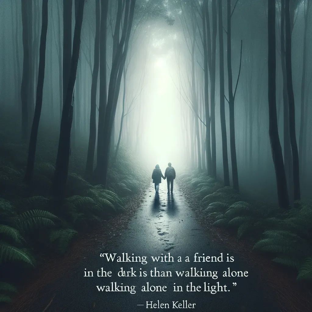 Two companions walk together on a misty forest path, a visual echo of Helen Keller's words on the value of friendship in dark times.
