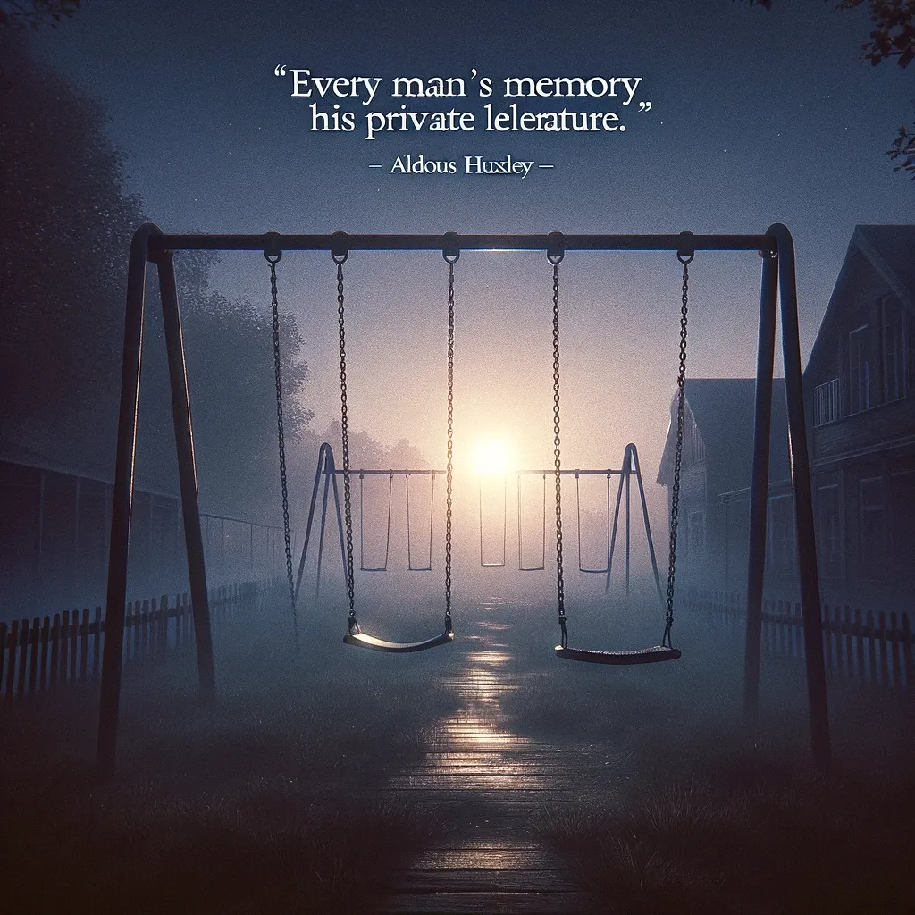 An empty swing set in a misty playground at dawn, invoking Aldous Huxley's introspective quote on the uniqueness of personal memory.